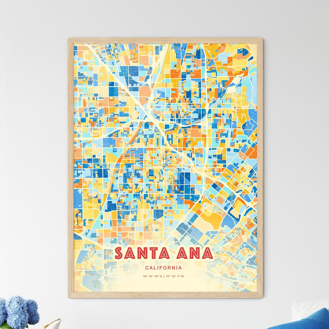 Santa Ana California Colorful Blue Orange City Street Map Art Poster