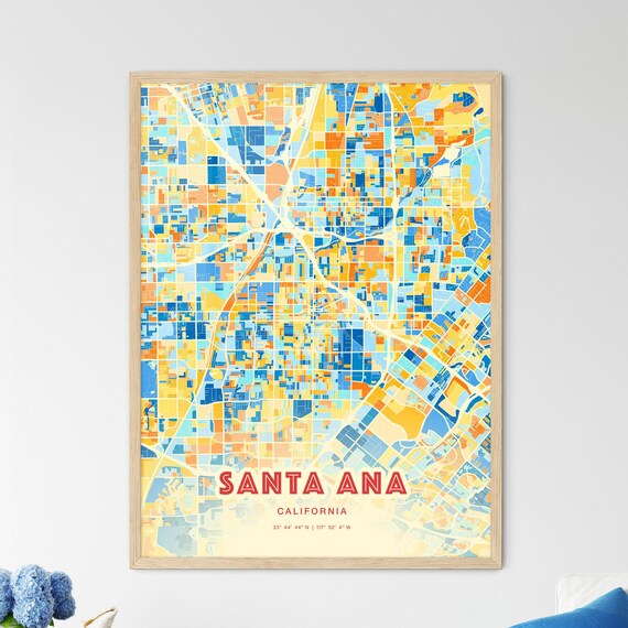 Santa Ana California Colorful Blue Orange City Street Map Art Poster
