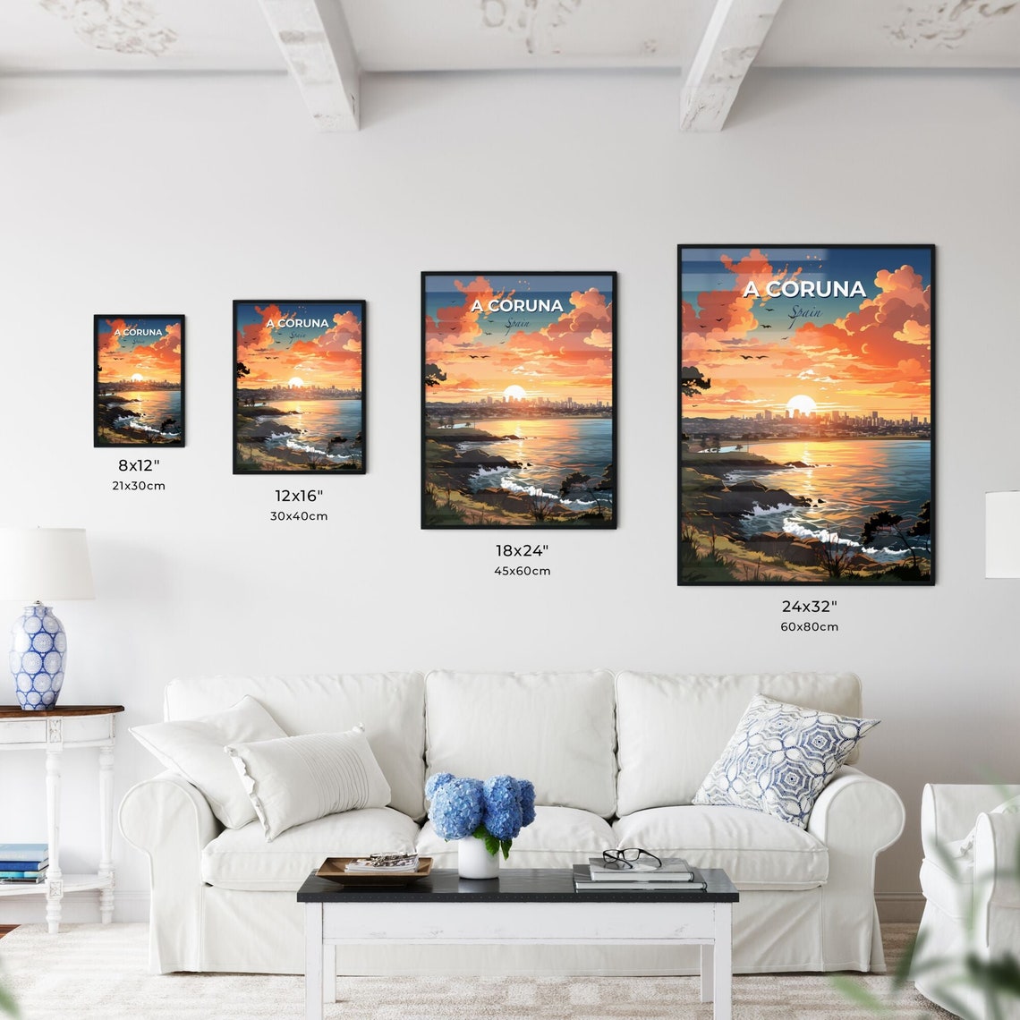 A Coruna Spain Sunset Coast City Skyline Ocean Travel Poster - Image 3