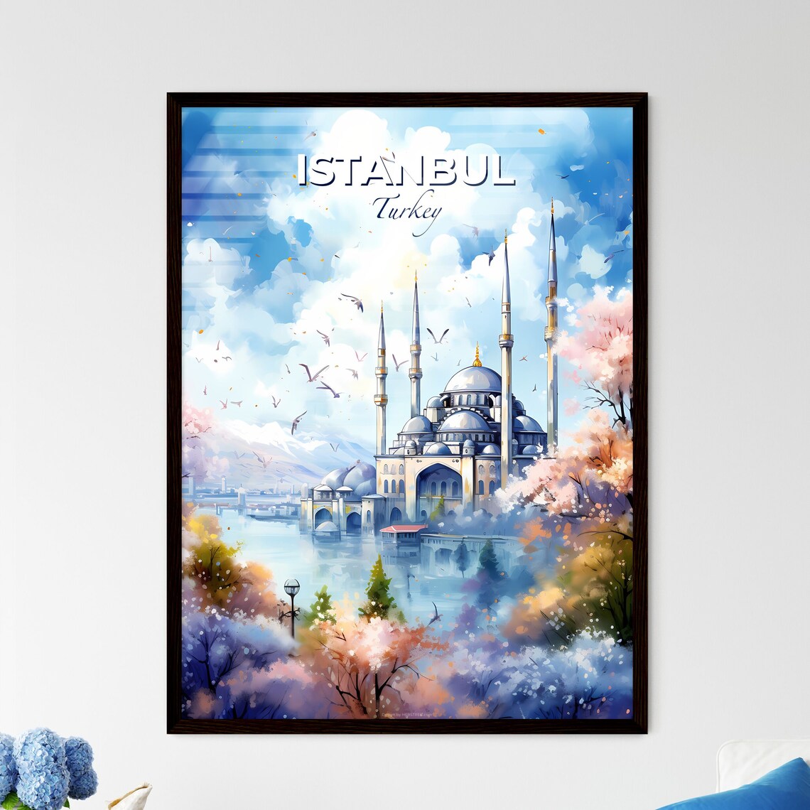 Istanbul Turkey Grand Mosque Minarets Over Water Travel Poster