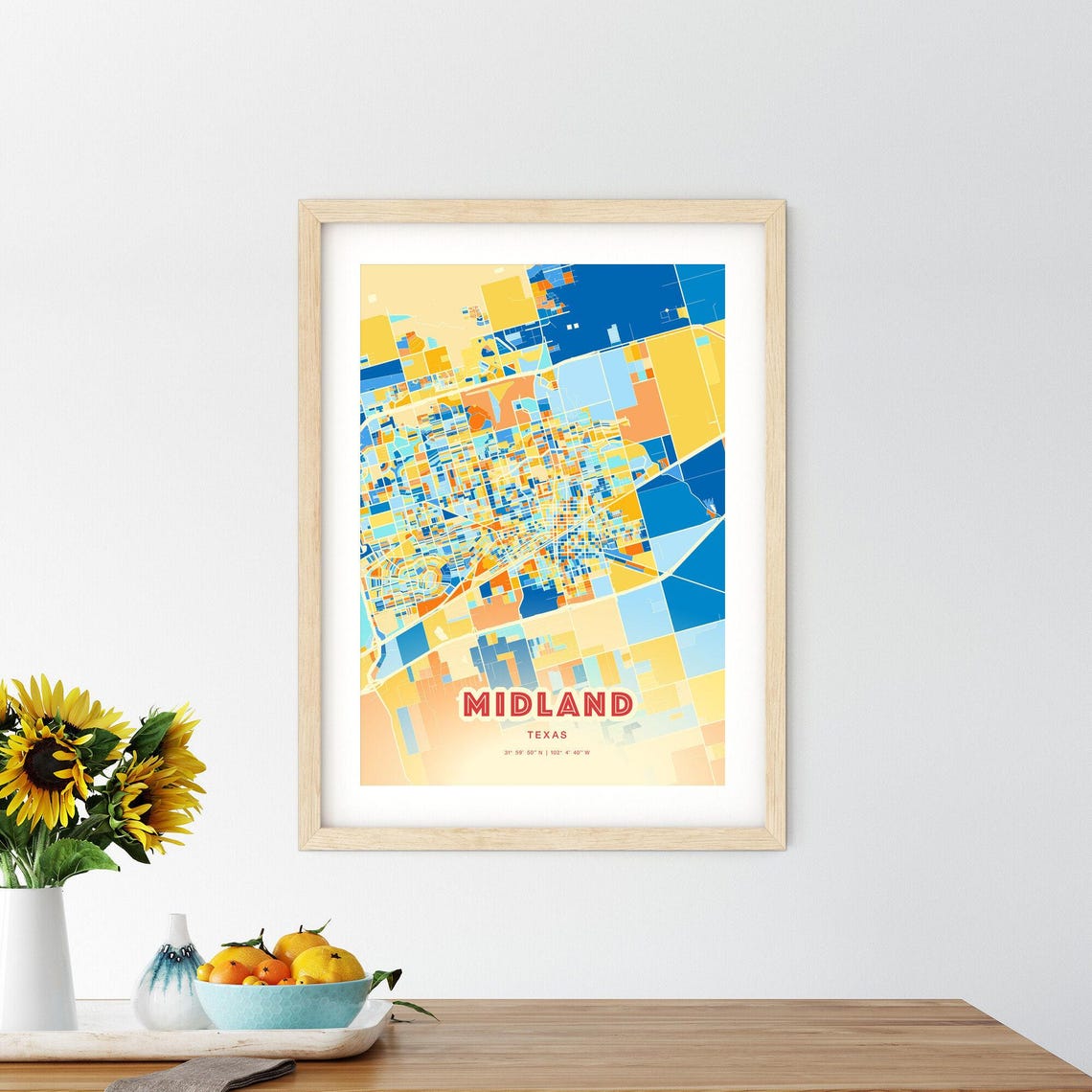 Midland Texas Vibrant Colorful City Map Art Coordinates Poster - Image 2