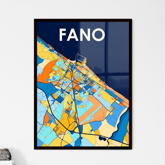 Fano Italy Vibrant Geometric City Map Art Poster in Blue and Orange