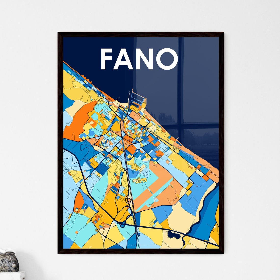 Fano Italy Vibrant Geometric City Map Art Poster in Blue and Orange