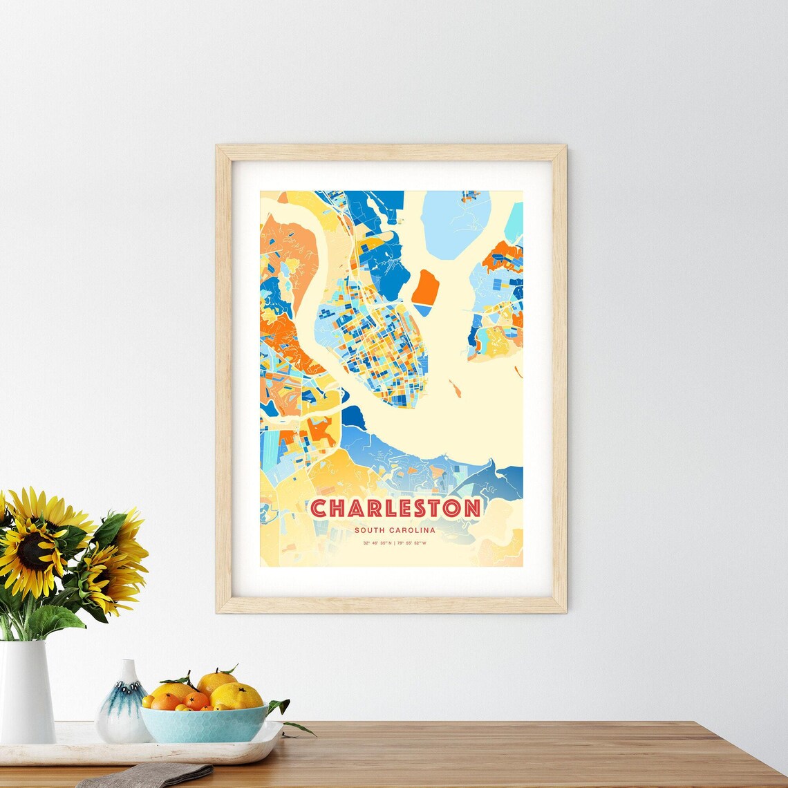 Charleston South Carolina Colorful City Map Art Poster Blue Orange Coastal - Image 2