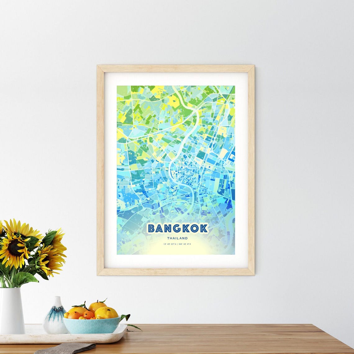 Bangkok Thailand Pastel Blue City Map Art with Coordinates Poster - Image 2