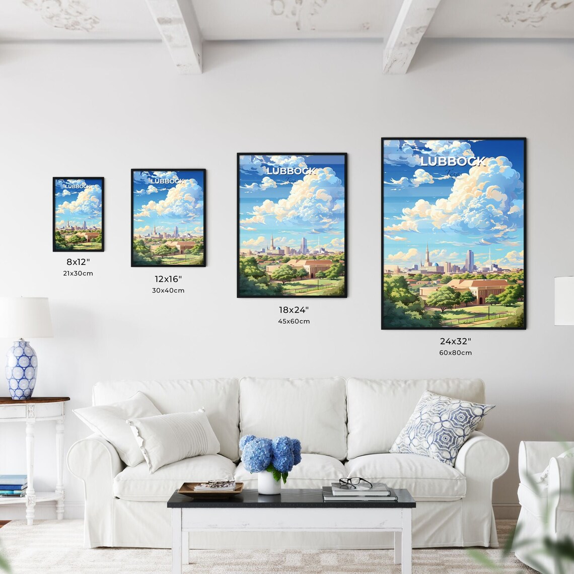 Lubbock Texas Skyline Blue Sky Clouds Green Trees Cityscape Travel Poster - Image 3