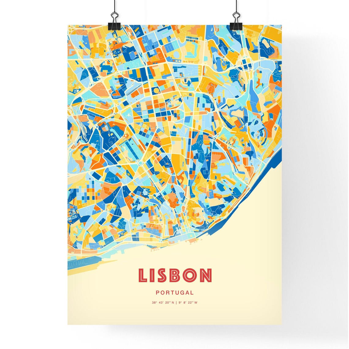 Lisbon Portugal Colorful Blue Orange Riverfront City Map Art Print - Image 3