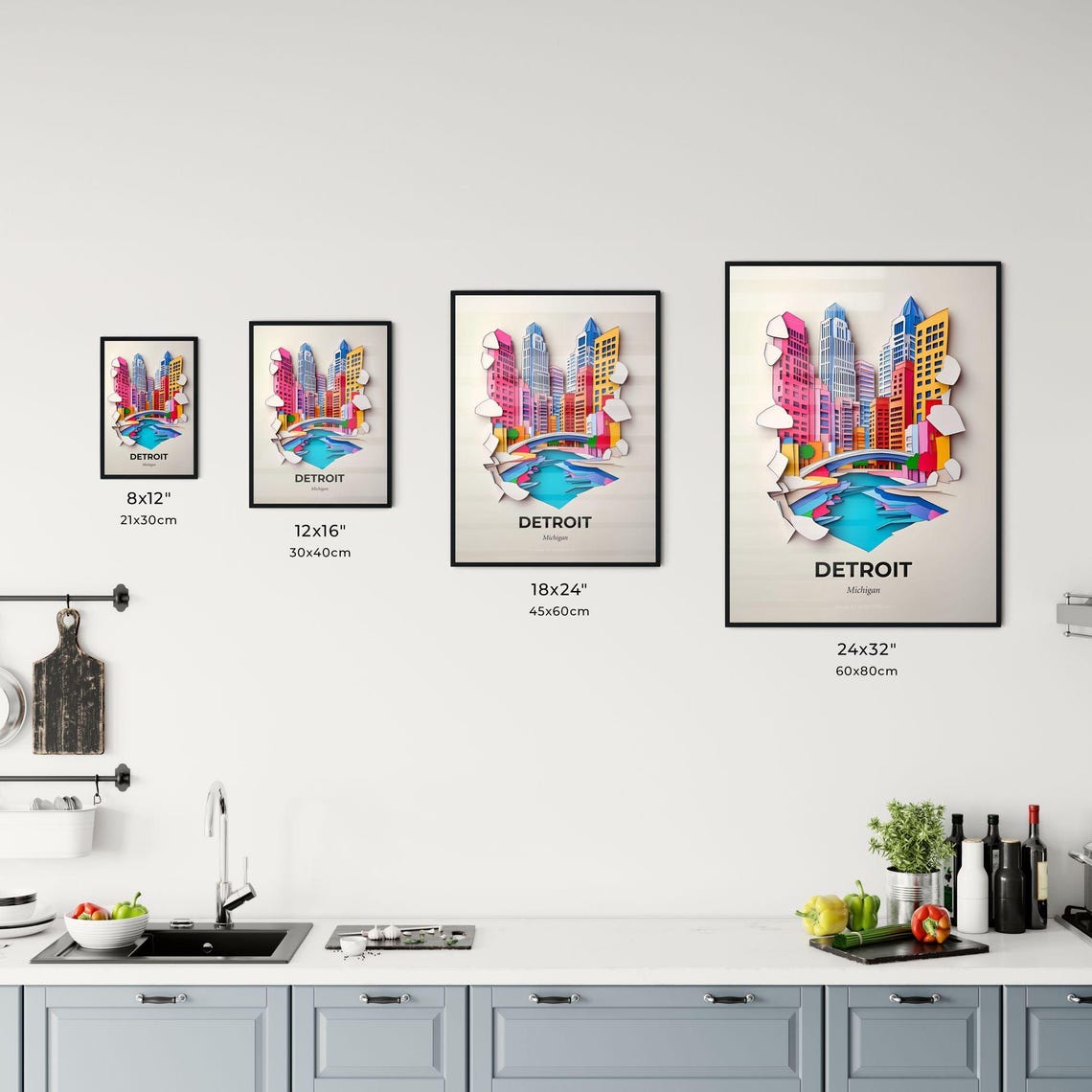 Detroit Michigan Colorful Paper Cut Skyline Bridge River Poster - Image 3