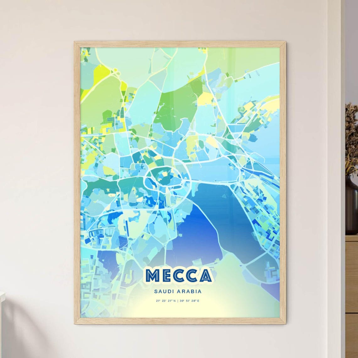 Mecca Saudi Arabia Bluish Watercolor City Map Art Poster Wall Decor