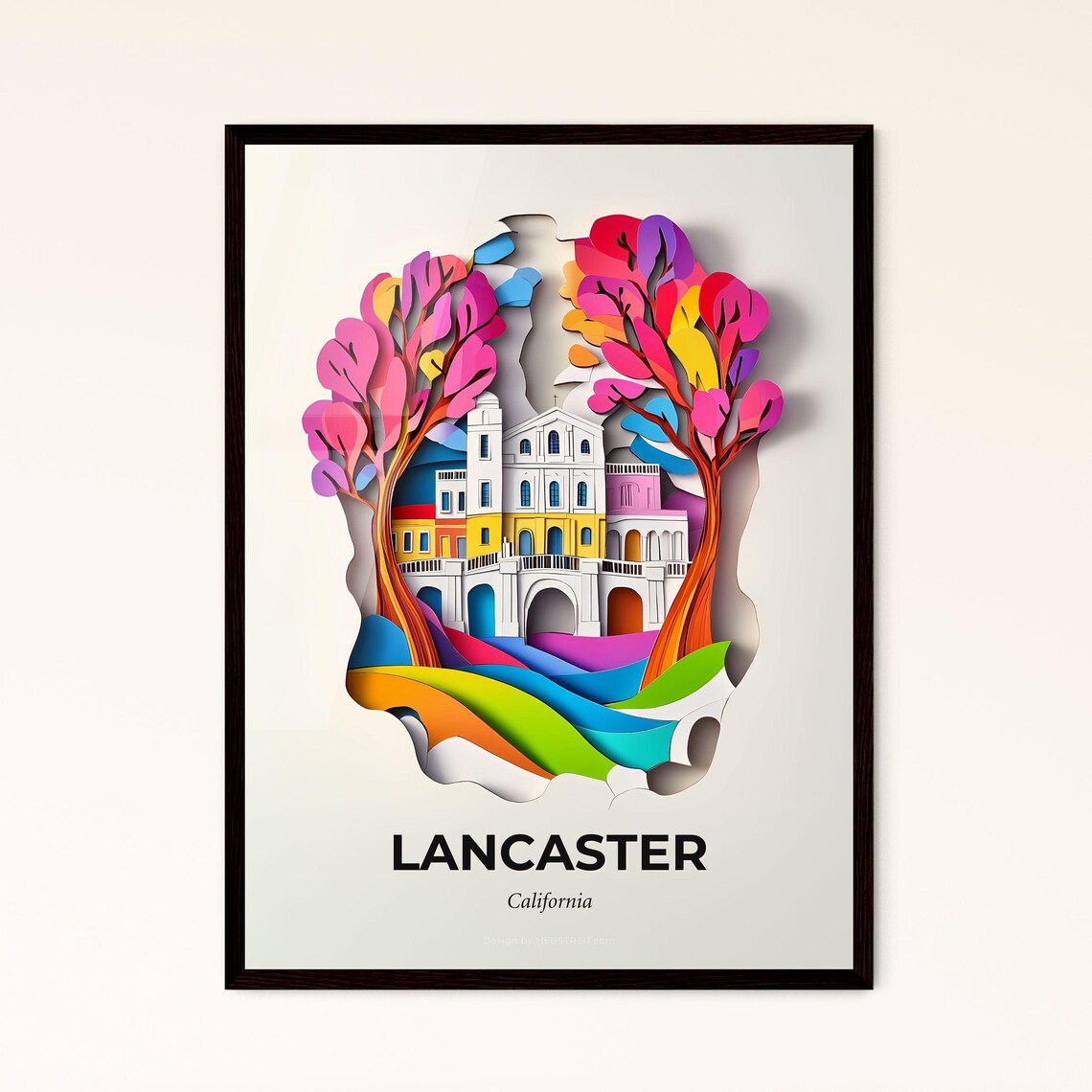 Lancaster California Colorful Paper Cut Mission Building Travel Poster