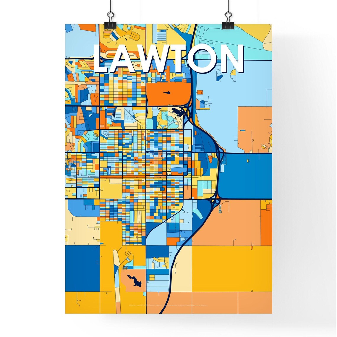 Lawton Oklahoma Vibrant Blue Orange Mosaic City Street Map Poster - Image 4