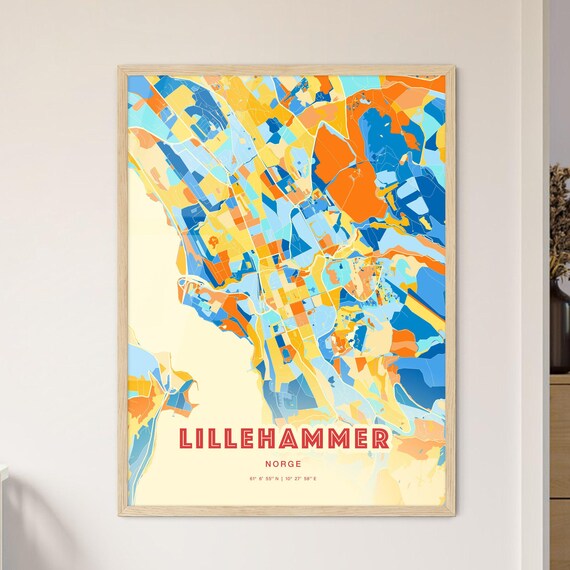 Lillehammer Norway Blue Orange Colorful City Map Art Poster Gift
