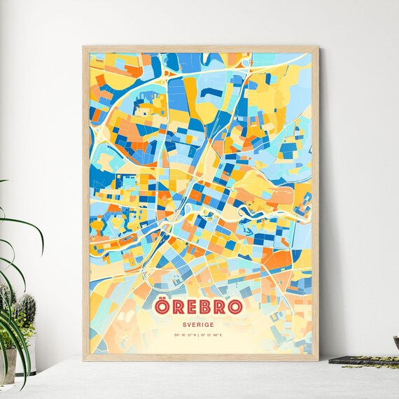 Orebro Sweden Blue Orange Colorful City Map Art Poster With Coordinates