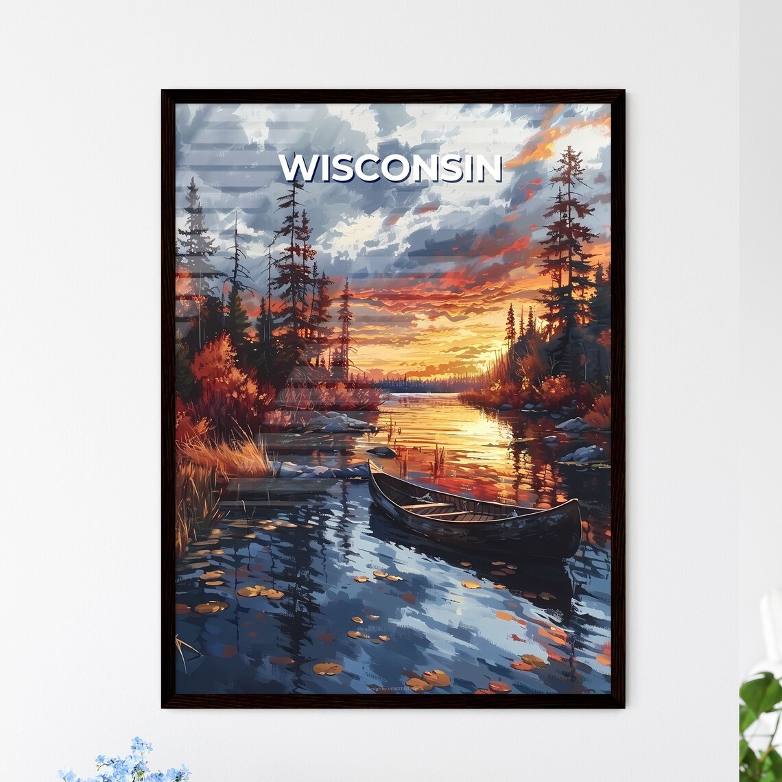 Wisconsin Canoe Lake Sunset Pine Forest Northwoods Travel Poster