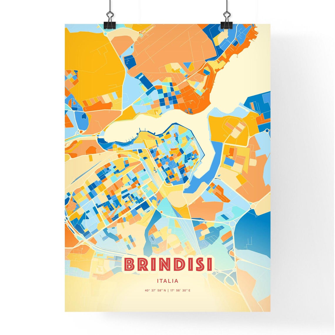 Brindisi Italia Colorful Blue Orange Map Art Poster Wall Decor - Image 3
