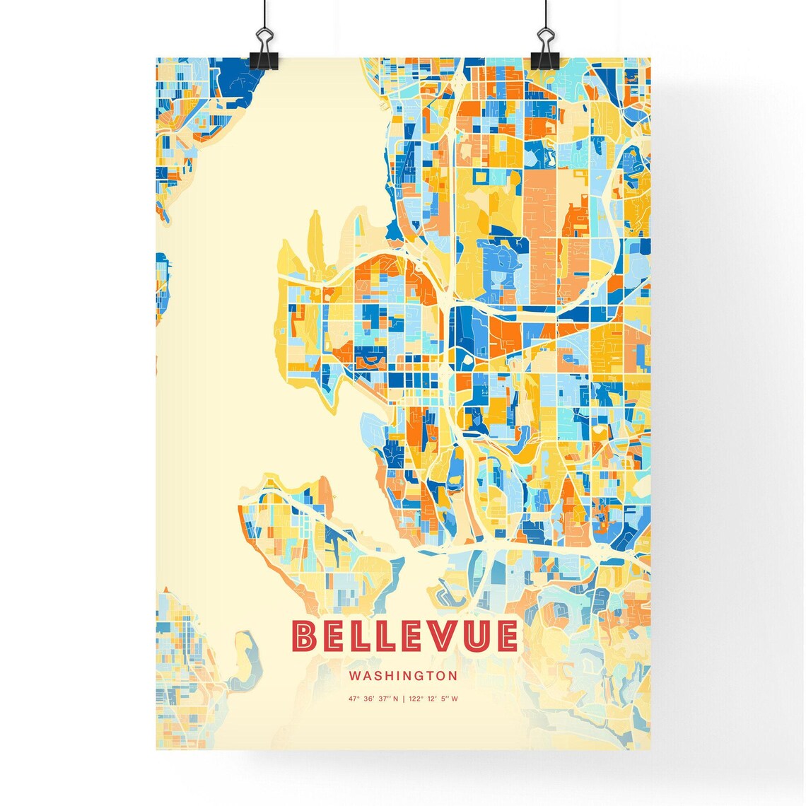 Bellevue Washington Blue Orange Lakeside City Map Art Poster - Image 3