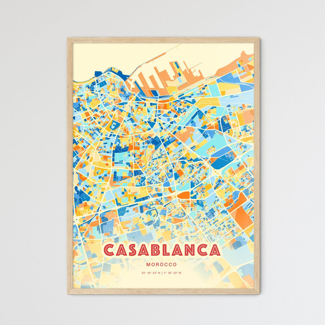 Casablanca Morocco Colorful Coastal Geometric City Map Art Poster