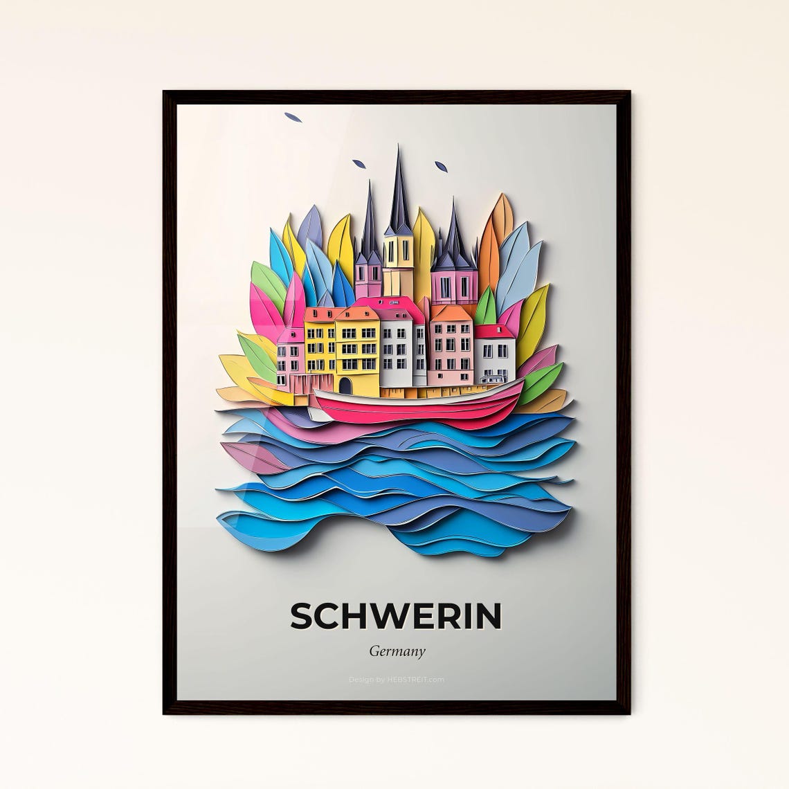 Schwerin Germany Cathedral Ship Waves Paper Cut City Art Poster