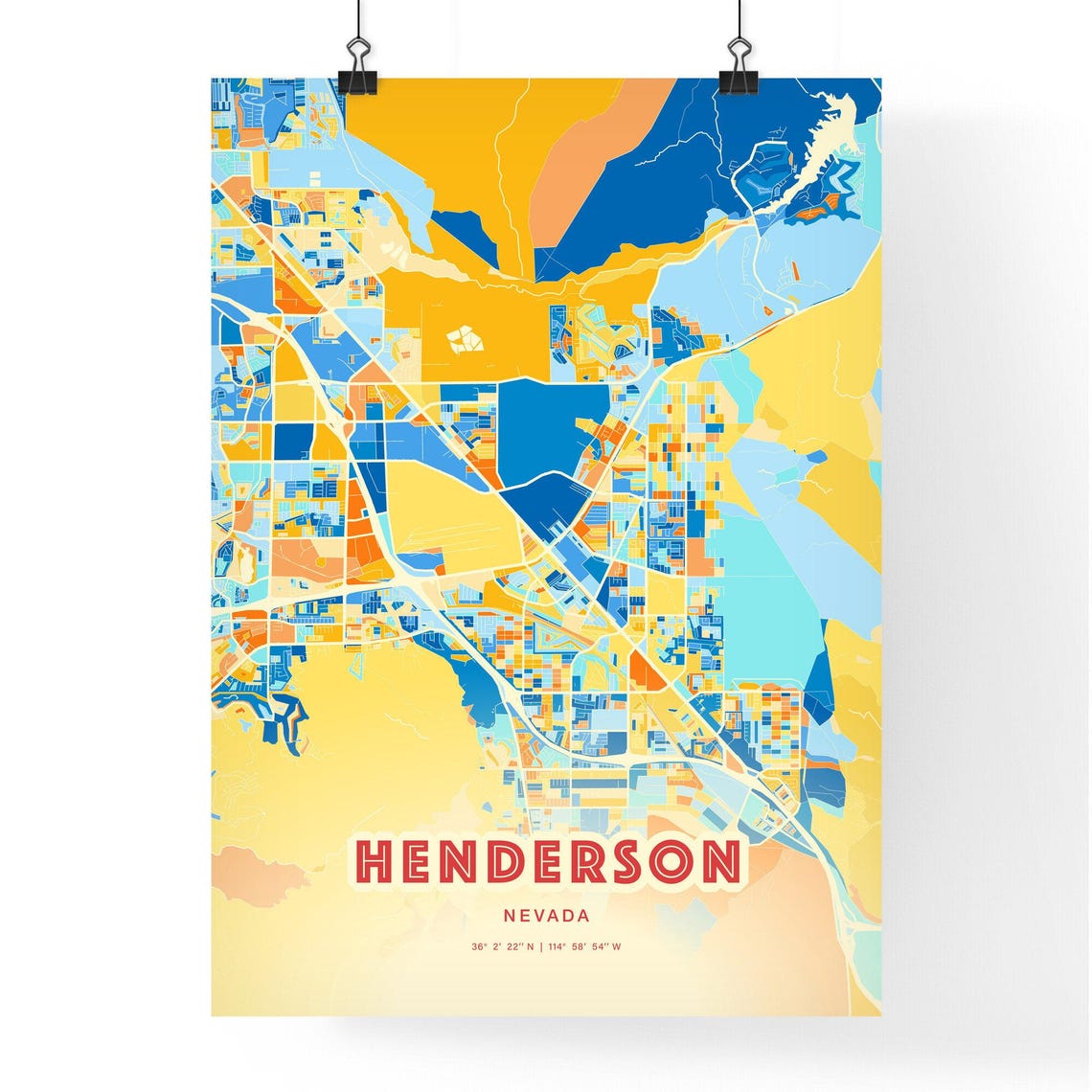 Henderson Nevada City Map Art Poster in Bold Blue and Orange - Image 3