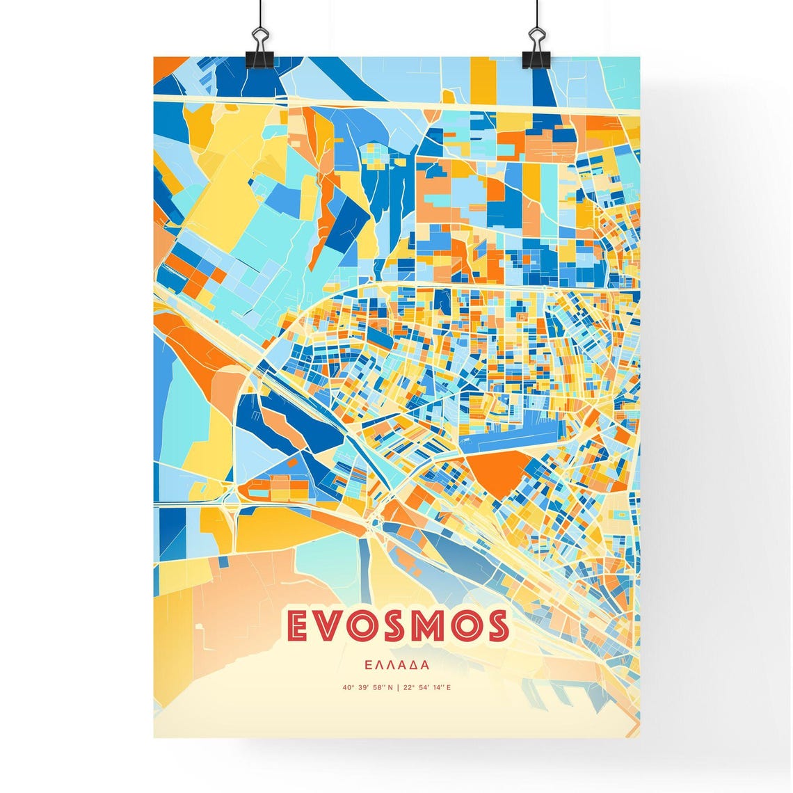 Evosmos Greece Colorful City Map Poster Blue Orange Unique Wall Decor - Image 3