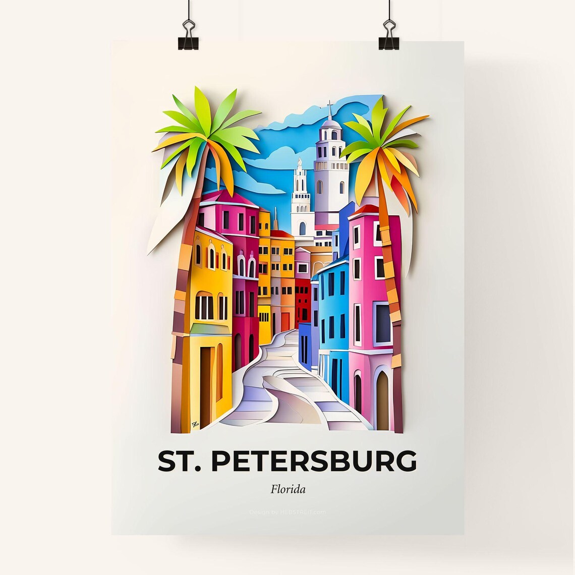 St. Petersburg Florida Colorful Sunny Street Paper Cut Art Poster - Image 4