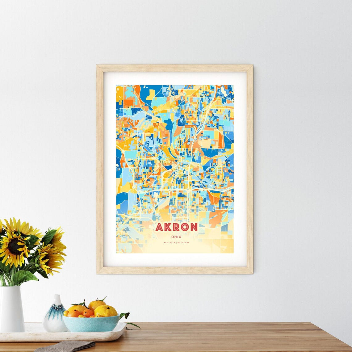 Akron Ohio Blue Orange Colorful City Map Art Poster With Coordinates - Image 2