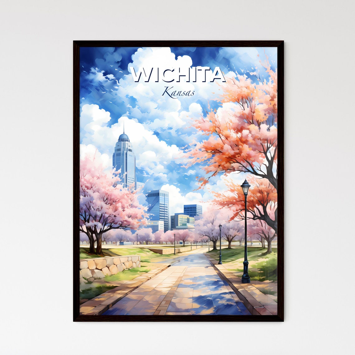 Wichita Kansas Cherry Blossoms Path Skyline Spring Scene Travel Poster