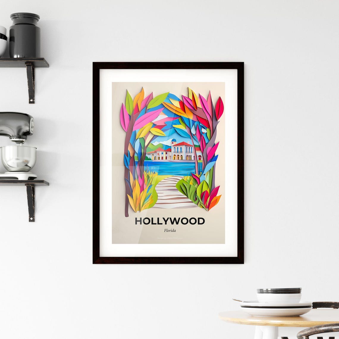 Hollywood Florida 3D Paper Cut Tropical Villa Lake Art Poster - Image 2