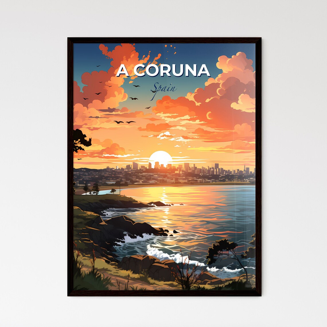 A Coruna Spain Sunset Coast City Skyline Ocean Travel Poster
