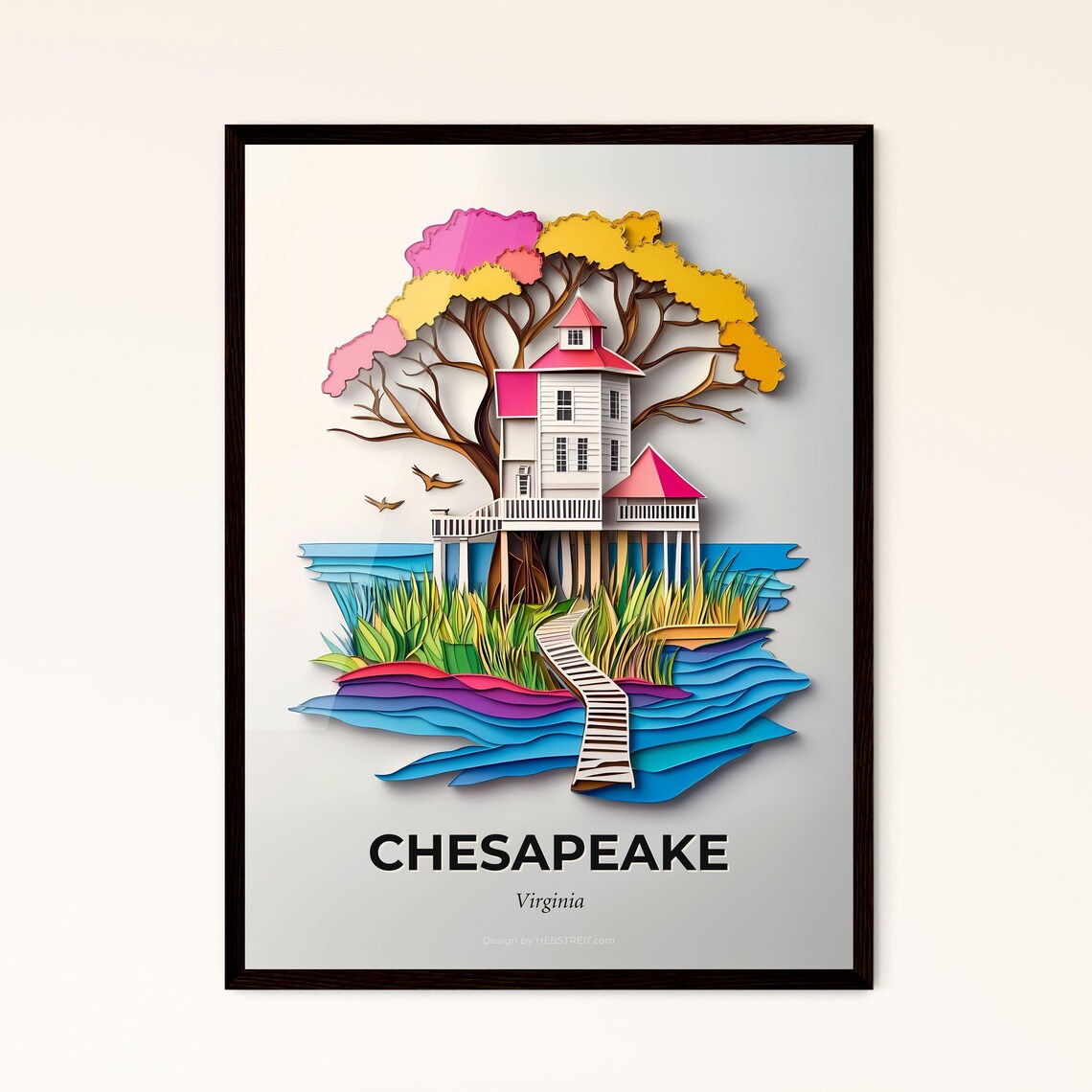 Chesapeake Virginia Stilt House Waterside Paper Cut Art Poster
