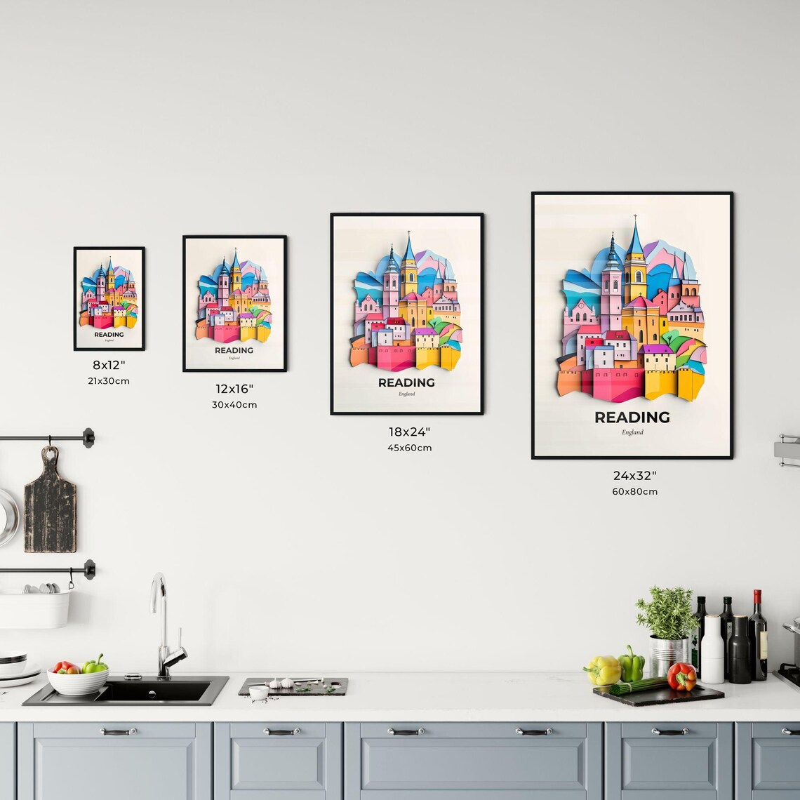 Reading England Colorful Paper Cut Town Skyline Travel Poster Art - Image 3