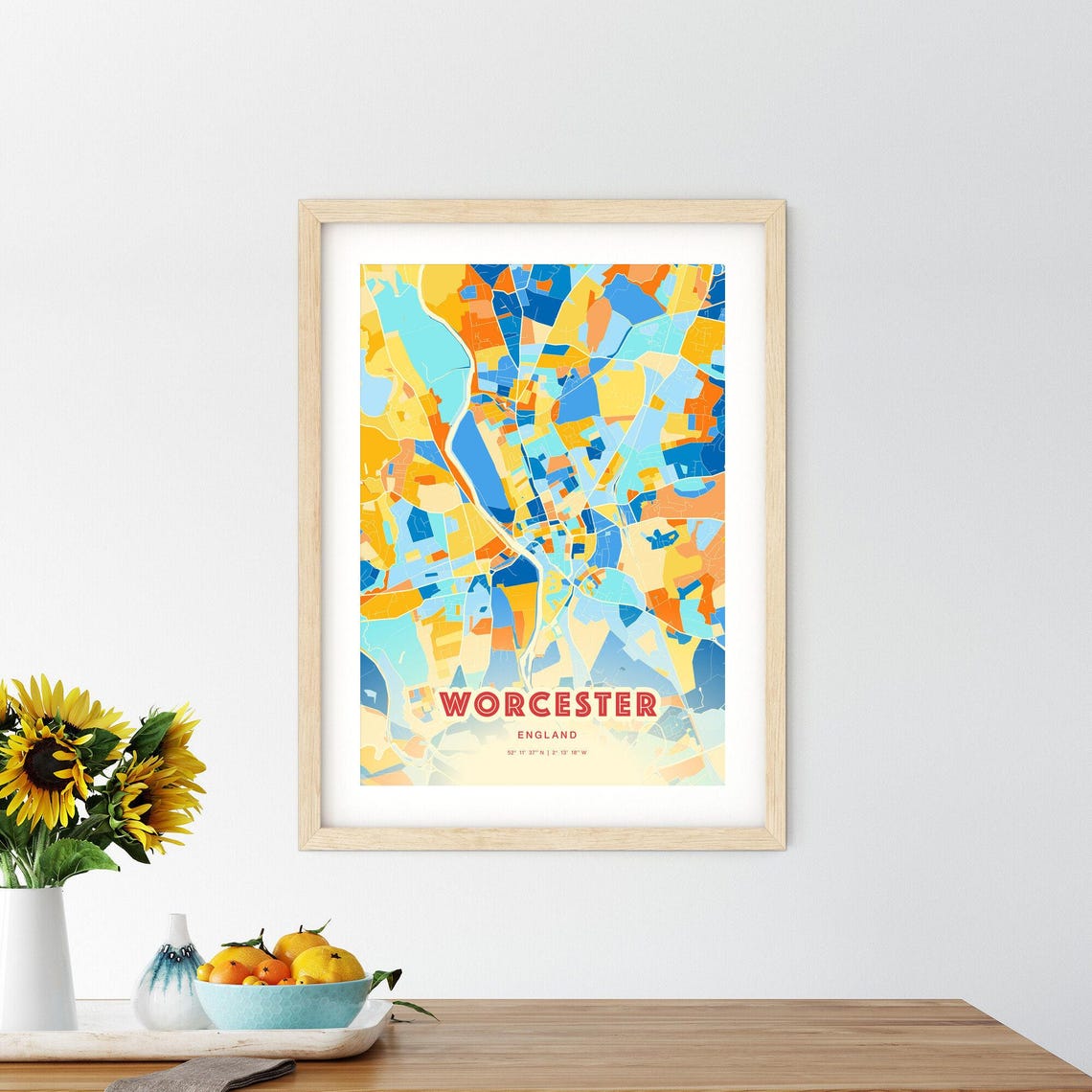 Worcester England Colorful Blue Orange Modern City Street Map Poster - Image 2
