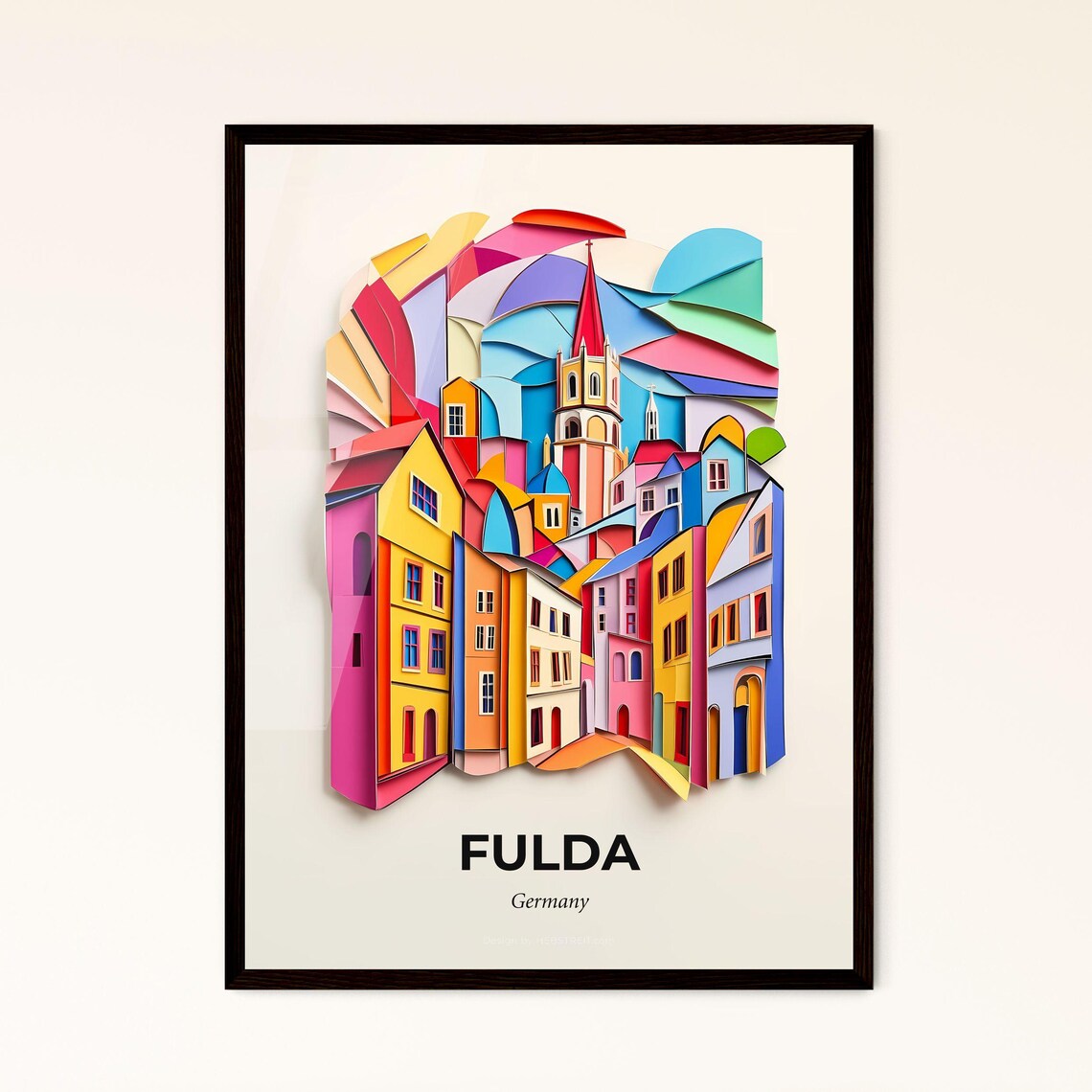 Fulda Germany Colorful Paper Cut Old Town and Church Spire Poster