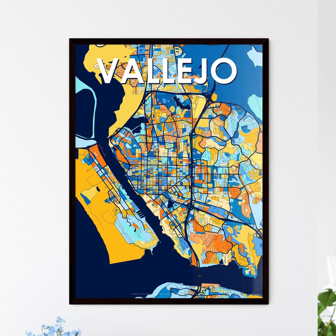 Vallejo California Blue Orange Bold Waterfront Map Art Poster