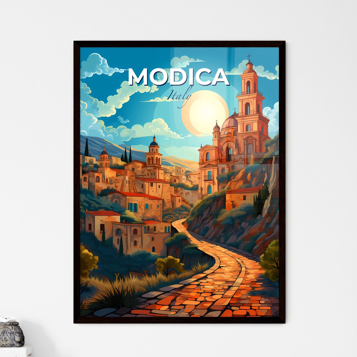 Modica Italy Hillside Town Travel Poster Stone Path Baroque Art