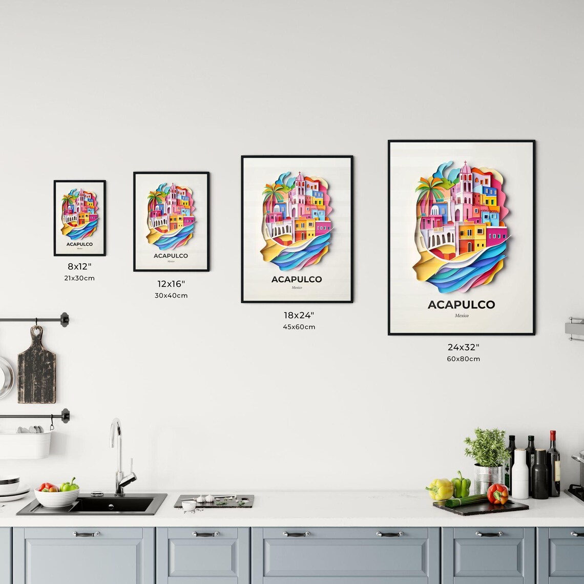 Acapulco Mexico Church Bay Waves Colorful Paper Cut Art Poster - Image 3