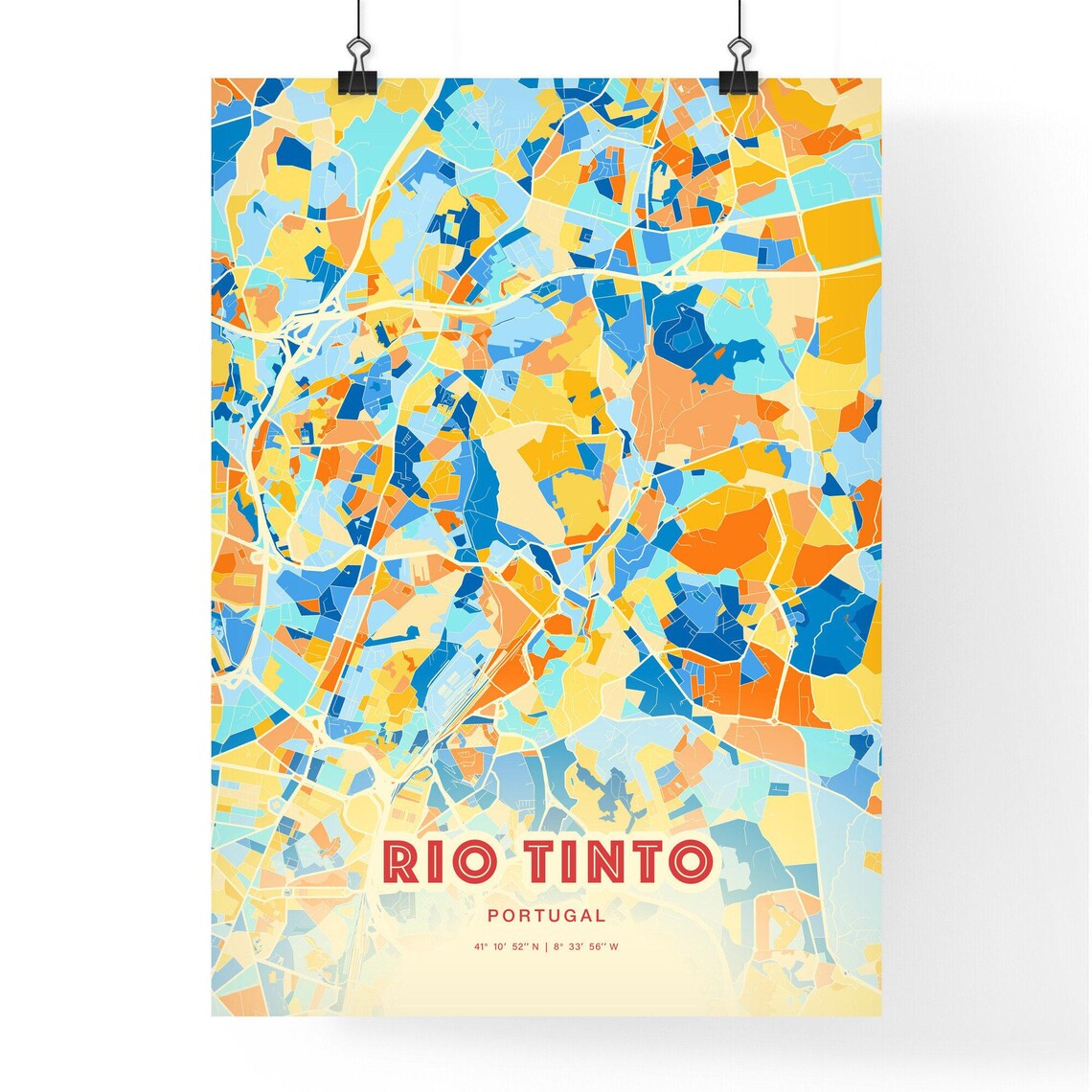 Bold Blue Orange Street Map Art Poster of Rio Tinto Portugal City