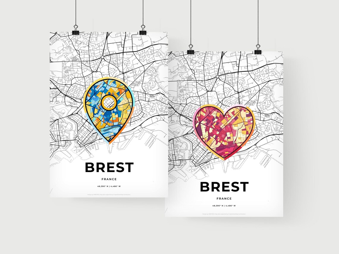 Brest France City Modern Minimalist Heart Street Map Art Poster - Image 2