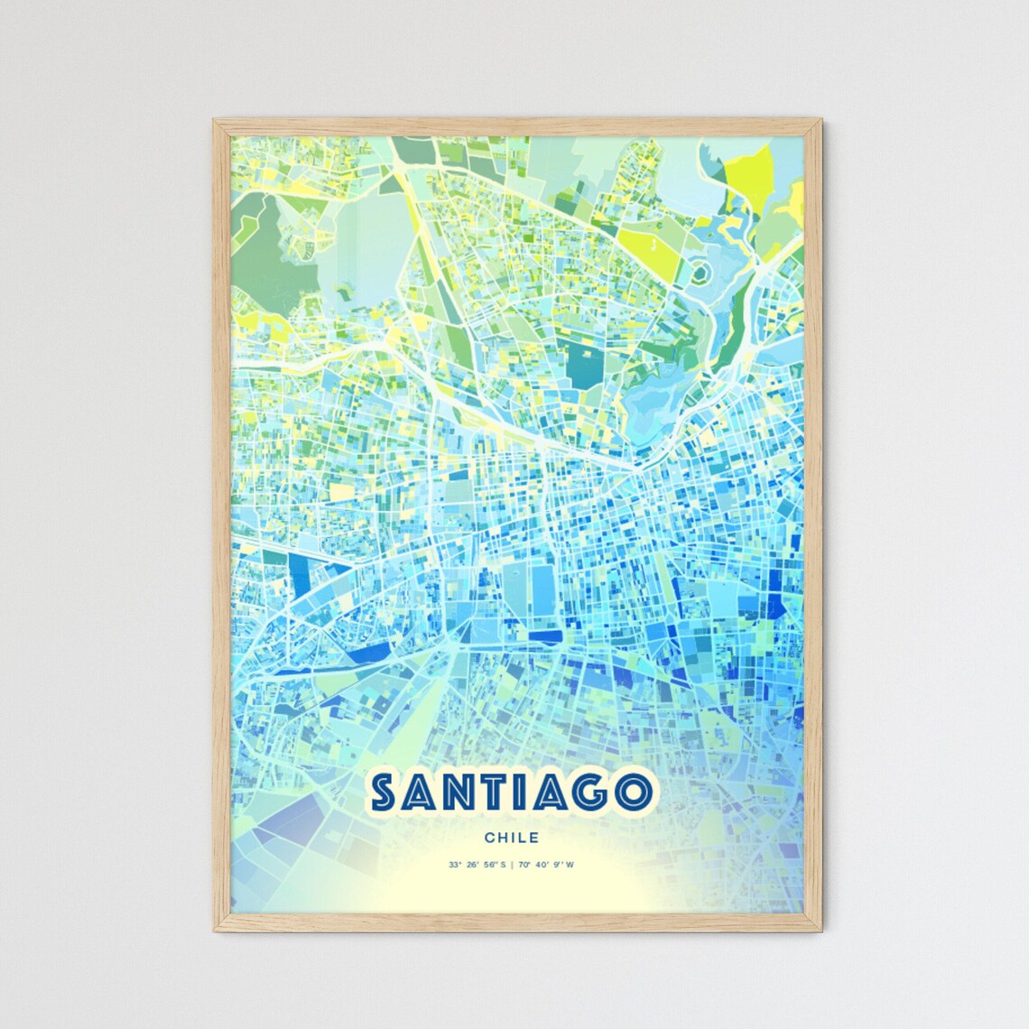 Santiago Chile Bluish Watercolor Modern Decorative City Map Art Poster