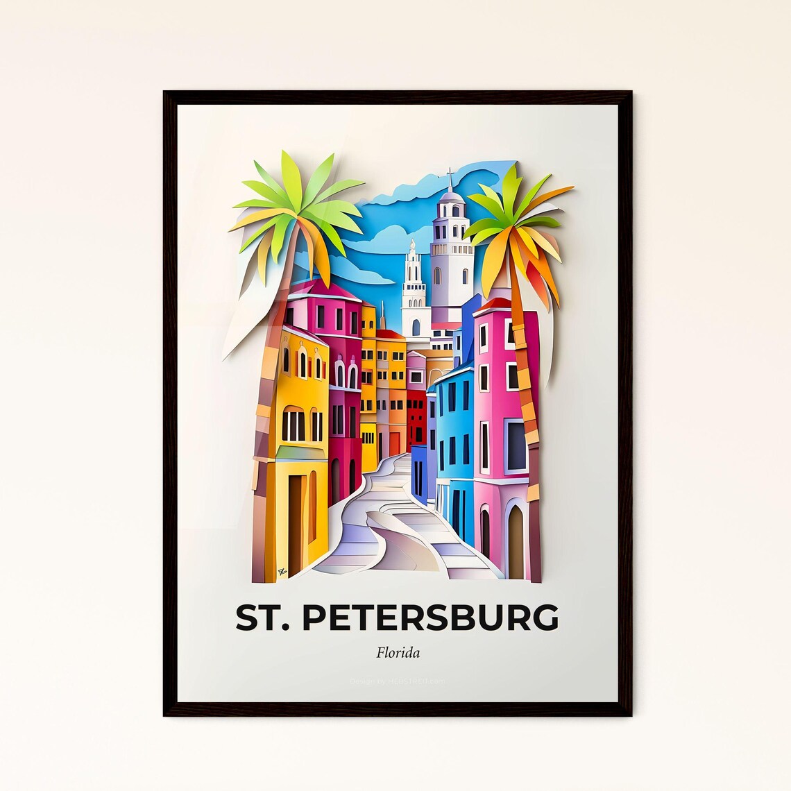 St. Petersburg Florida Colorful Sunny Street Paper Cut Art Poster