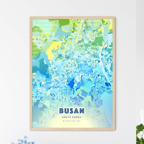 Busan South Korea Bluish Watercolor City Map Art Poster Wall Decor