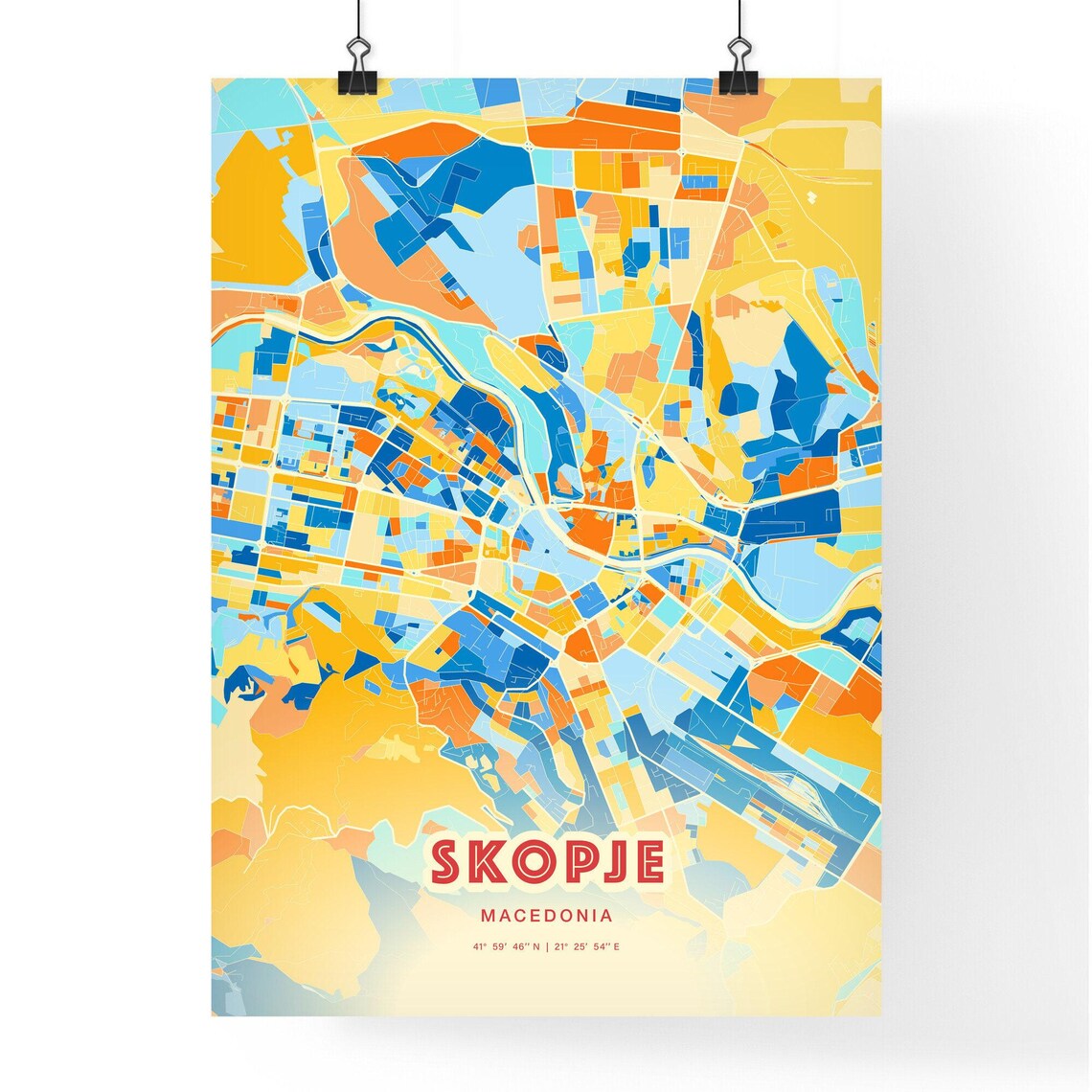 Skopje Macedonia Vibrant Blue Orange Street Map Wall Decor Poster - Image 3