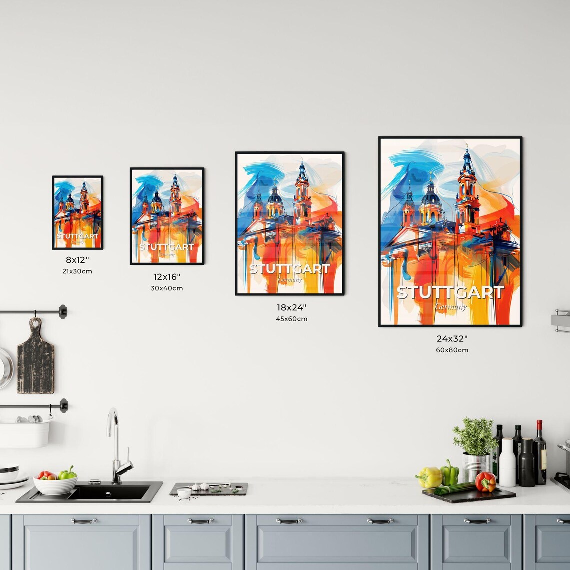 Stuttgart Germany Colorful Abstract Church Towers Skyline Poster - Image 3