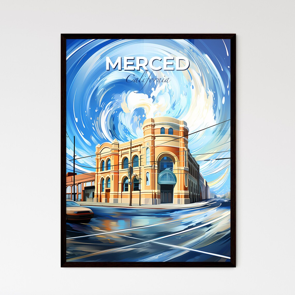 Merced California Historic Building Travel Poster Swirling Sky Art
