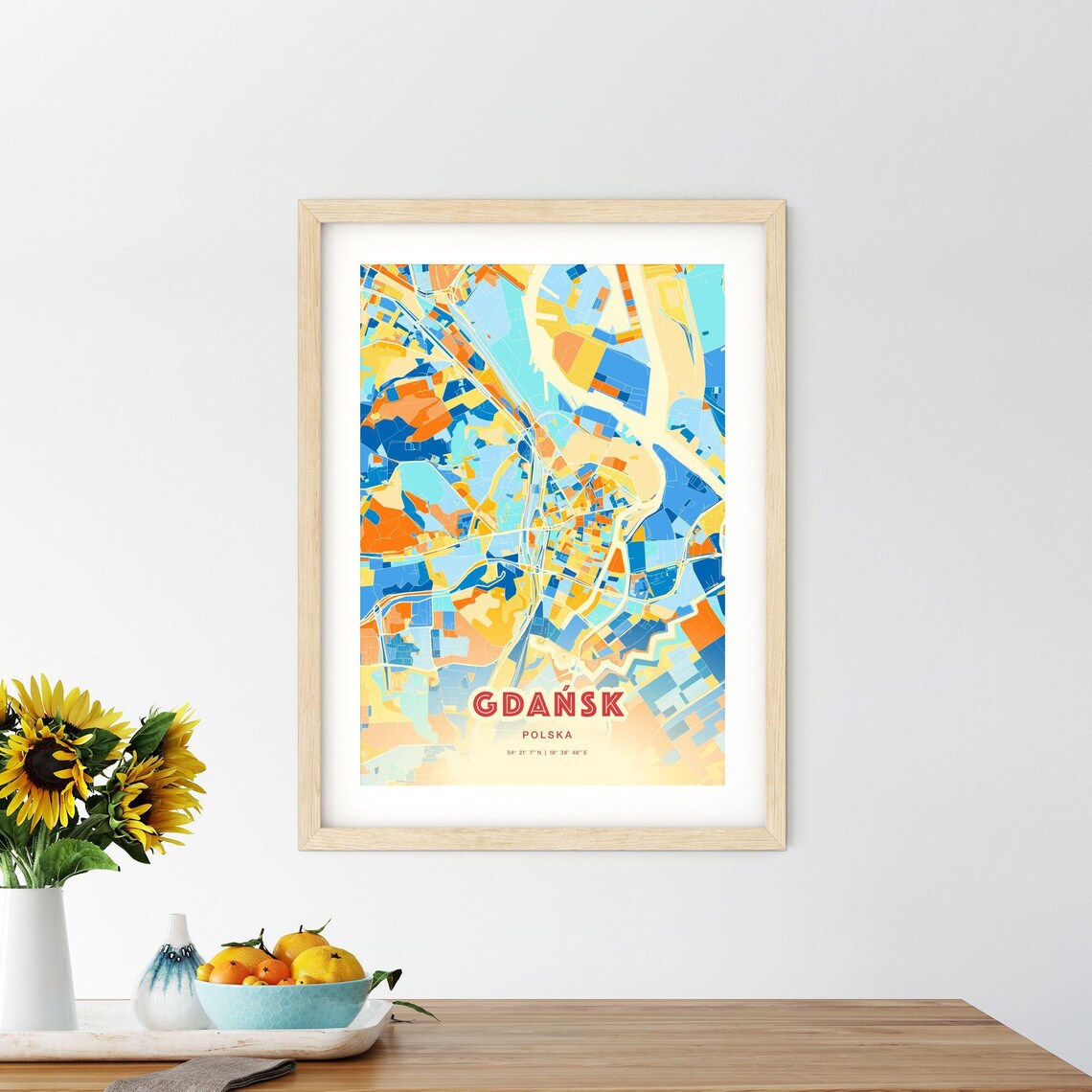 Gdansk Poland Blue Orange Colorful City Map Art Poster With Coordinates - Image 2
