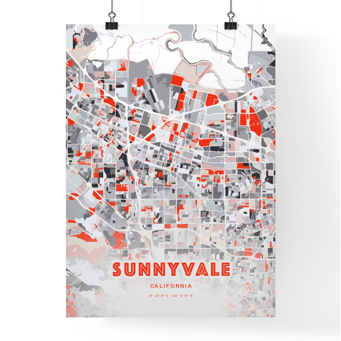 Sunnyvale California City Map Art Modern Red Gray Decor Poster - Image 3