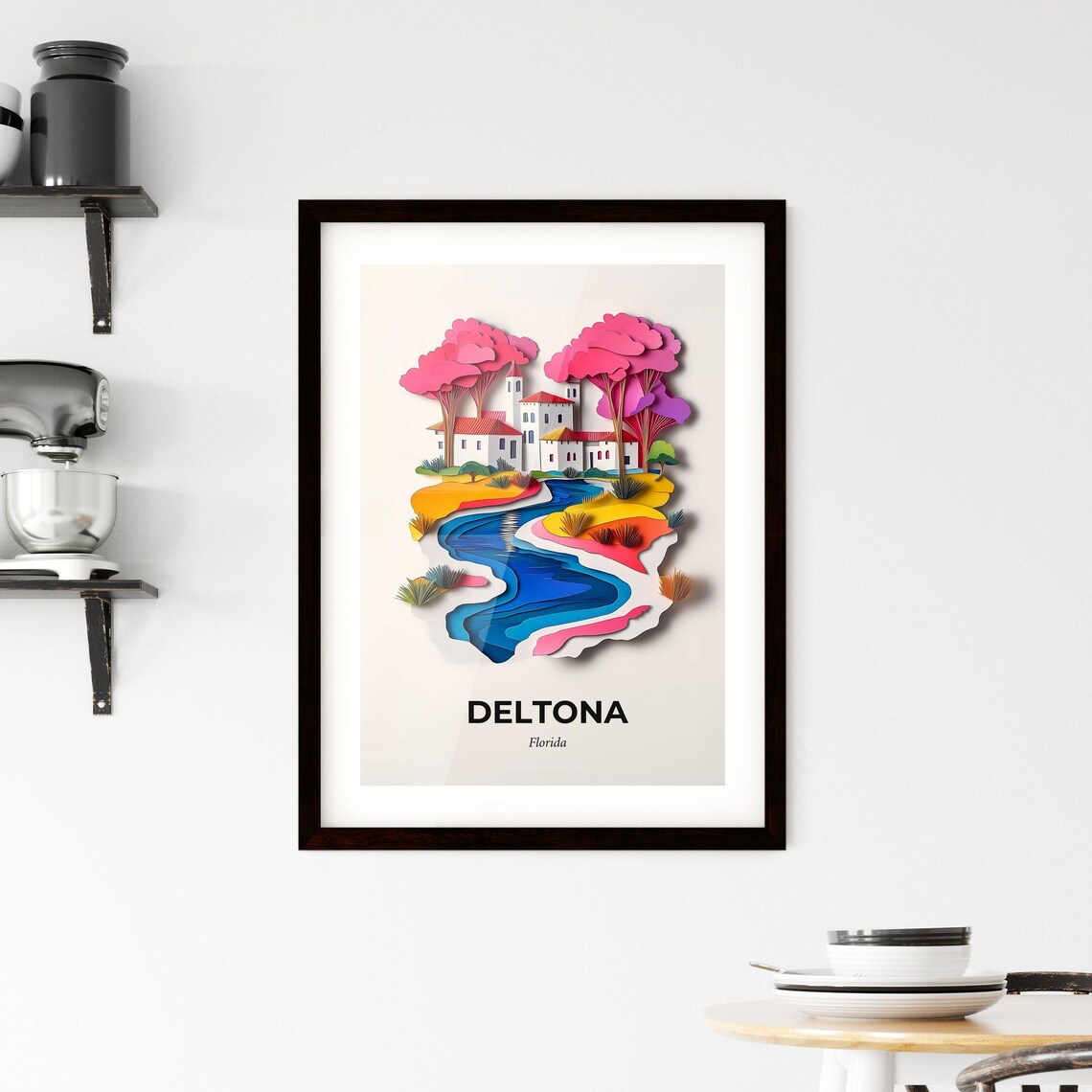 Deltona Florida Colorful Paper Cut River Town Travel Art Poster - Image 2
