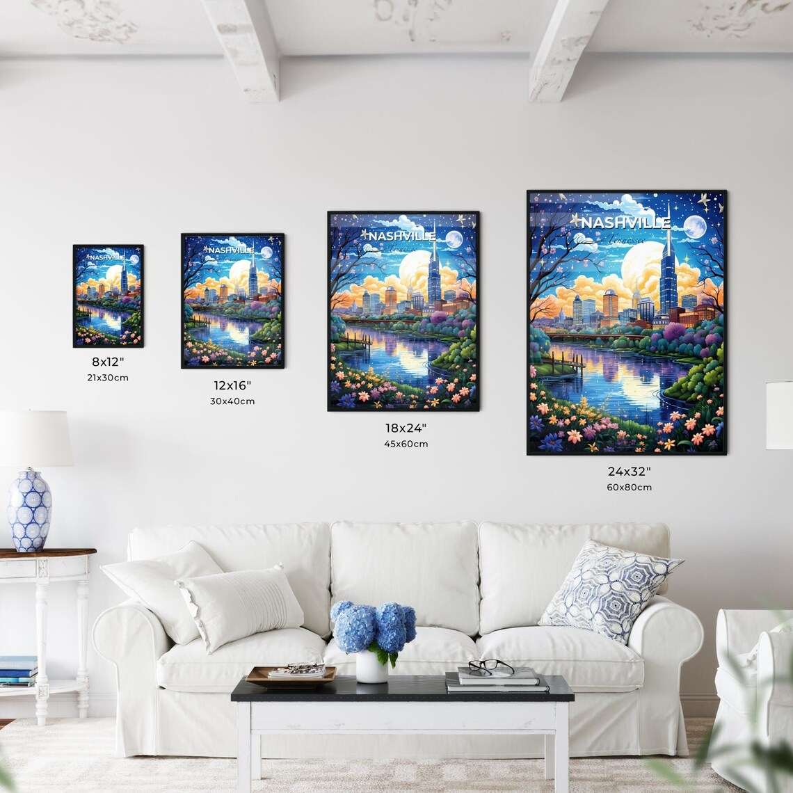 Nashville Tennessee Night Skyline Moon River Music City Poster - Image 3
