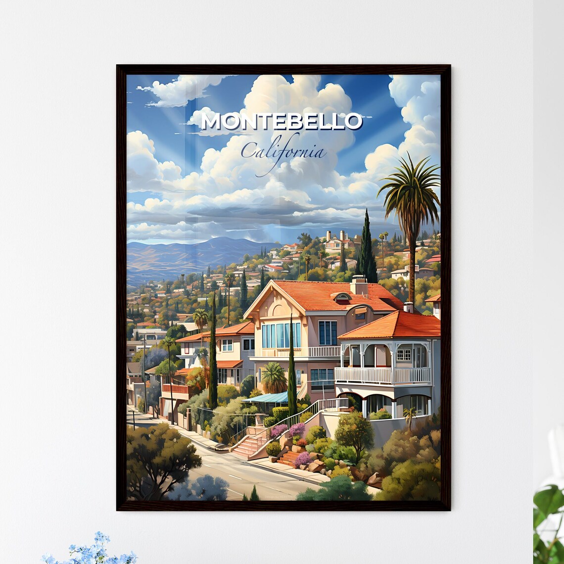 Montebello California Hillside Homes Palm Trees Travel Poster