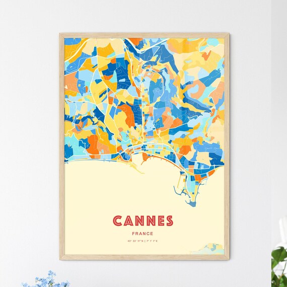 Cannes France Colorful Blue Orange Coastal Map Art Poster Decor
